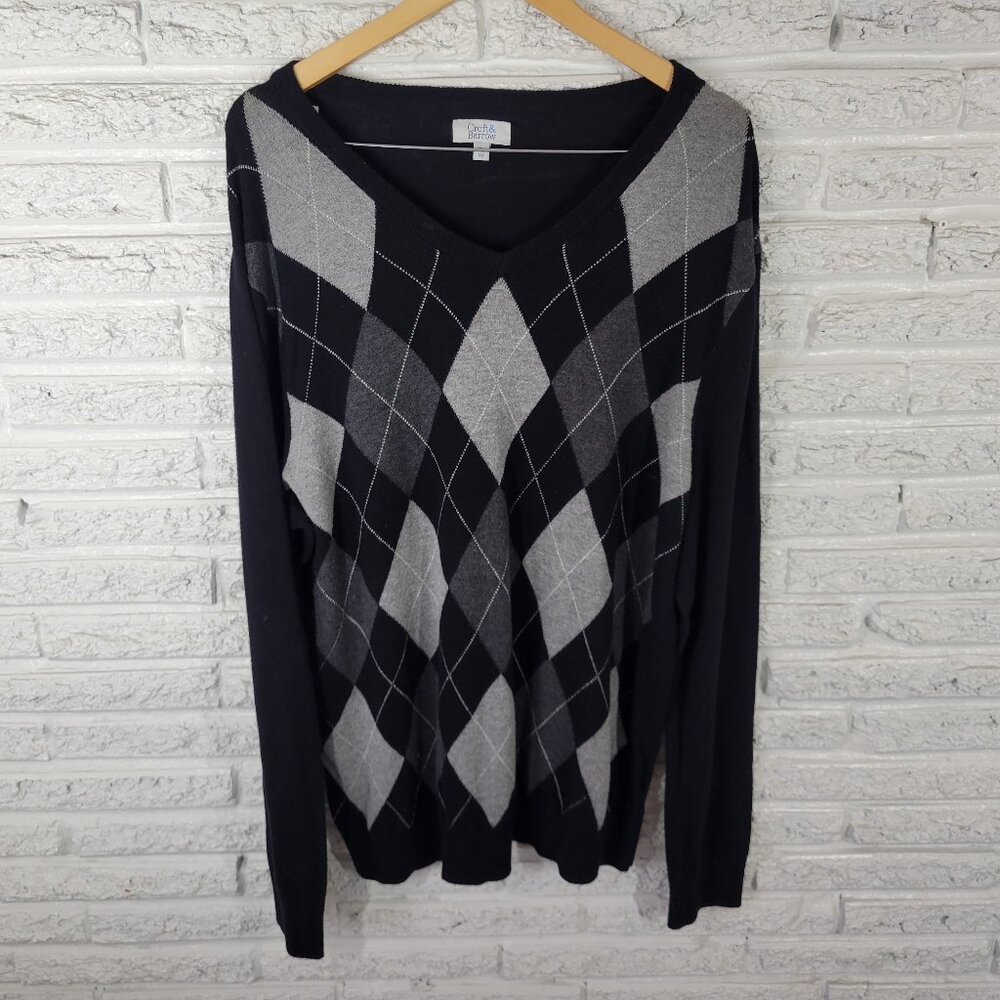 Croft & Barrow Men's XXL Black Gray Argyle V-Neck Sweater Cotton Blend GEO118E